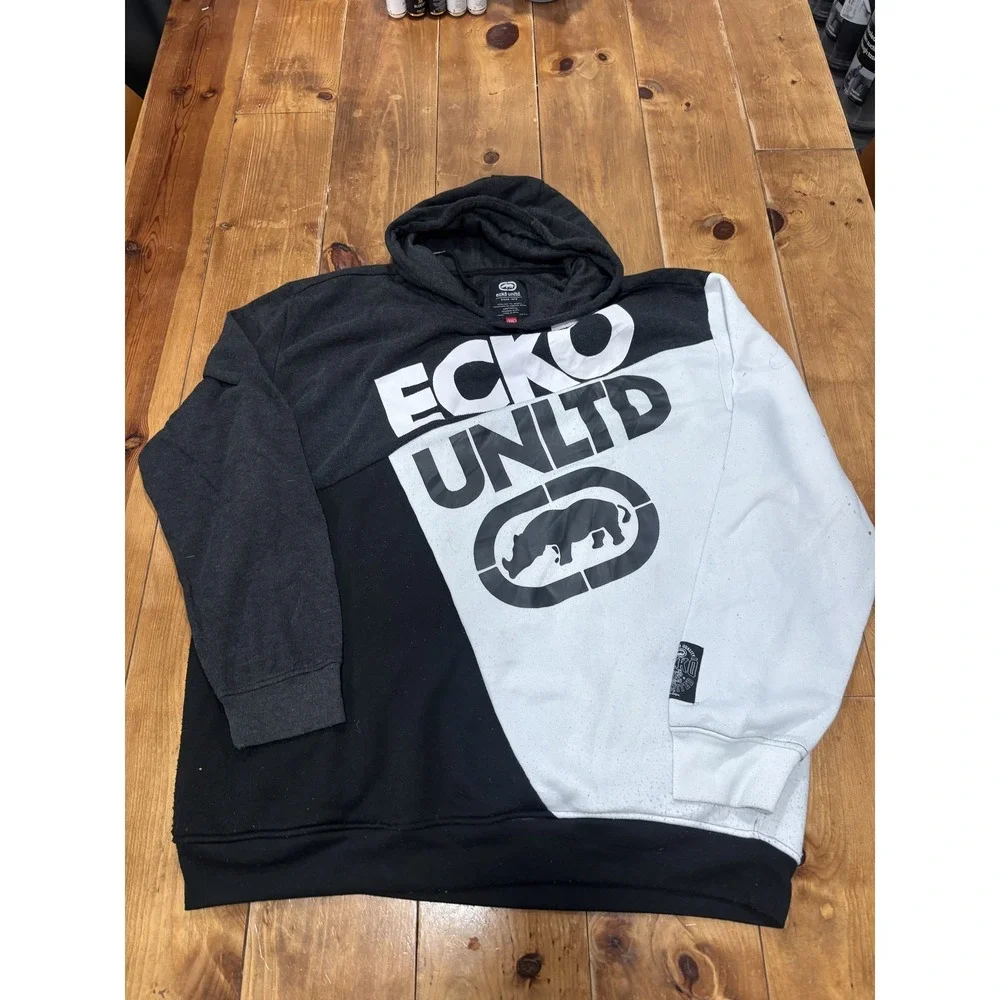 Ecko Unltd. Men's 2XL Pullover Hoodie Black White Gray Block Rhino Logo